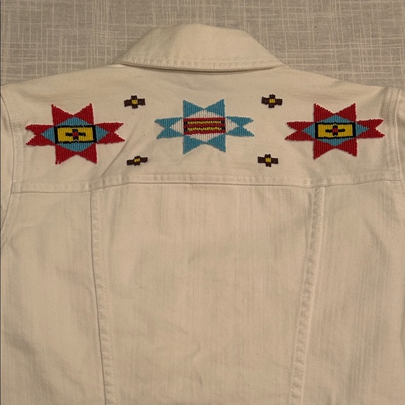 Vintage Ralph Lauren White Jean Jacket with Blue and Red beaded Aztec accent - Picture 2 of 4